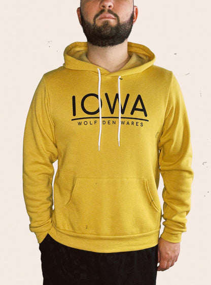 Gold Bella Canvas sponge fleece hooded sweatshirt embellished with IOWA and WOLF DEN WARES