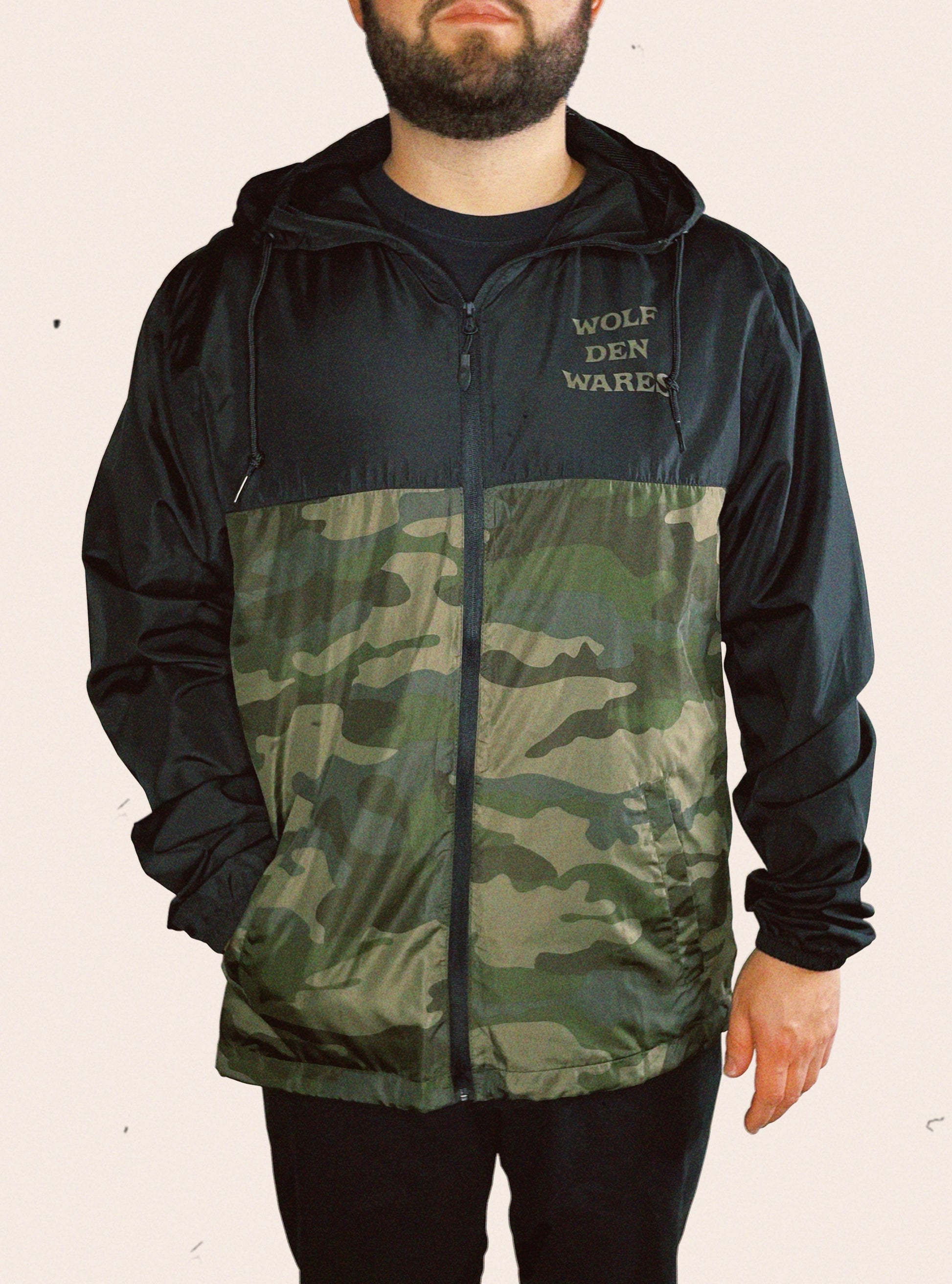 Hooded black and camo Independent Trading Company embellished with Wolf Den Wares