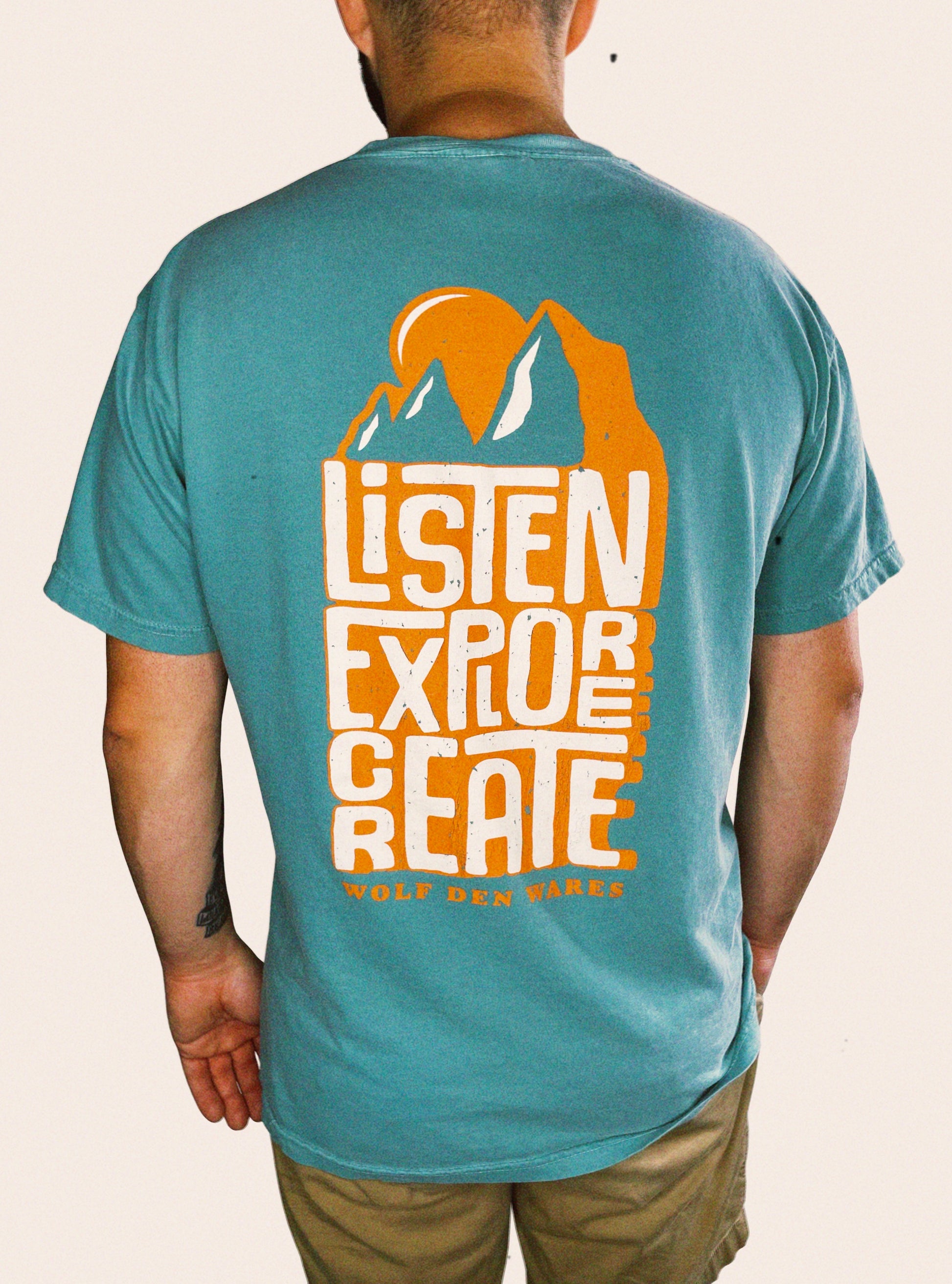 Seafoam Comfort Colors tee embellished with LiSTEN EXPLORE CREATE and WOLF DEN WARES