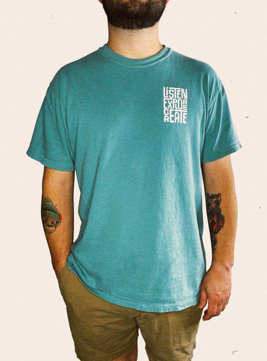 Seafoam Comfort Colors tee embellished with LiSTEN EXPLORE CREATE