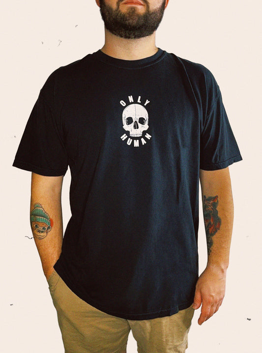 Vintage black Comfort Colors tee embellished with a skull and the words Only Human